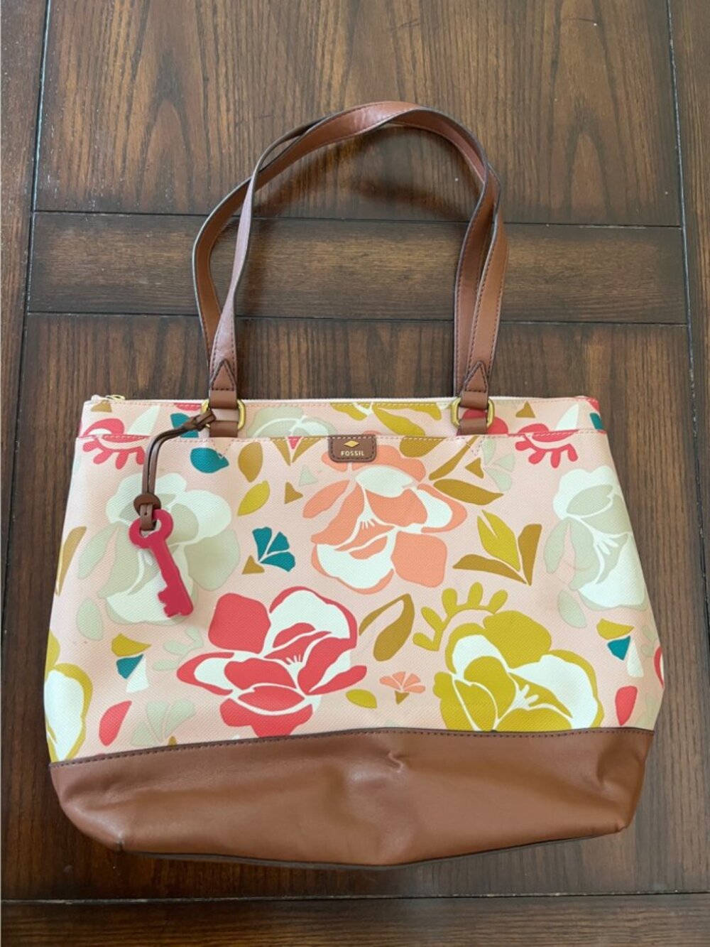 Fossil Mothers Day Large Shopper Tote Shoulder Bag Purse Pink Floral Print Key